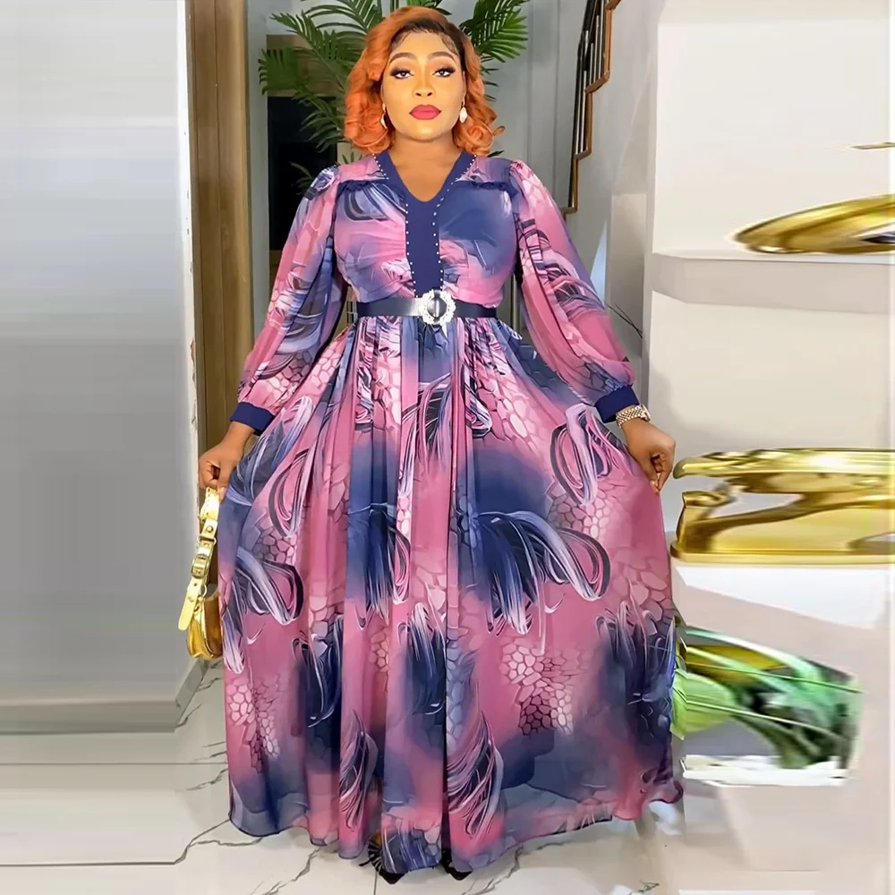 Plus Size Women Clothing New Spring Summer 2024 Printed V-Neck Dress Hot Selling Loose V-neck Large Size Women's Long Skirt
