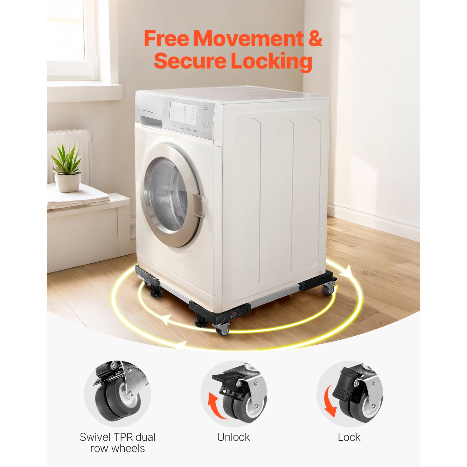 Wasmachine op het onderstel wordt opzij gedraaid, met detail van de vergrendelbare wielen