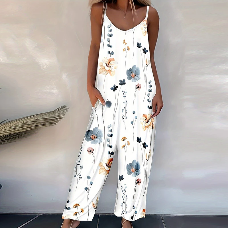 

Elegant V-neck Sleeveless Spaghetti Strap Jumpsuit Women Casual Sleeveless Pocket Loose Long Romper Reteo Pattern Print Playsuit