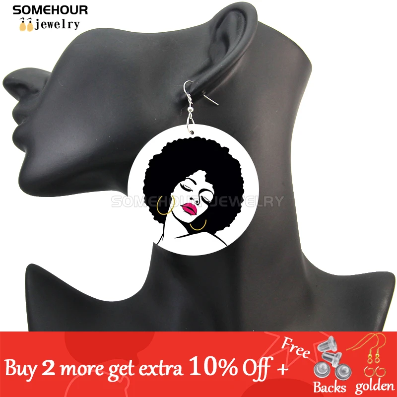 Somehour Afro Curly Girl Arts Printed African Wooden Drop Earrings Greatful Black Woman Boss Bubble Baby Loops Dangle Jewelry