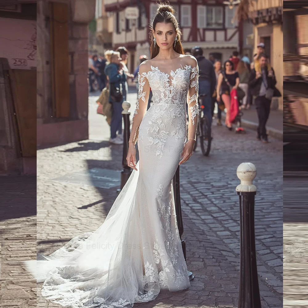 ANGEL Mermaid Lace Wedding Dresses Customized Illusion Back Long Bride Gowns Lace Applique Scoop Tulle Suknia ślubna 2025 civil 2
