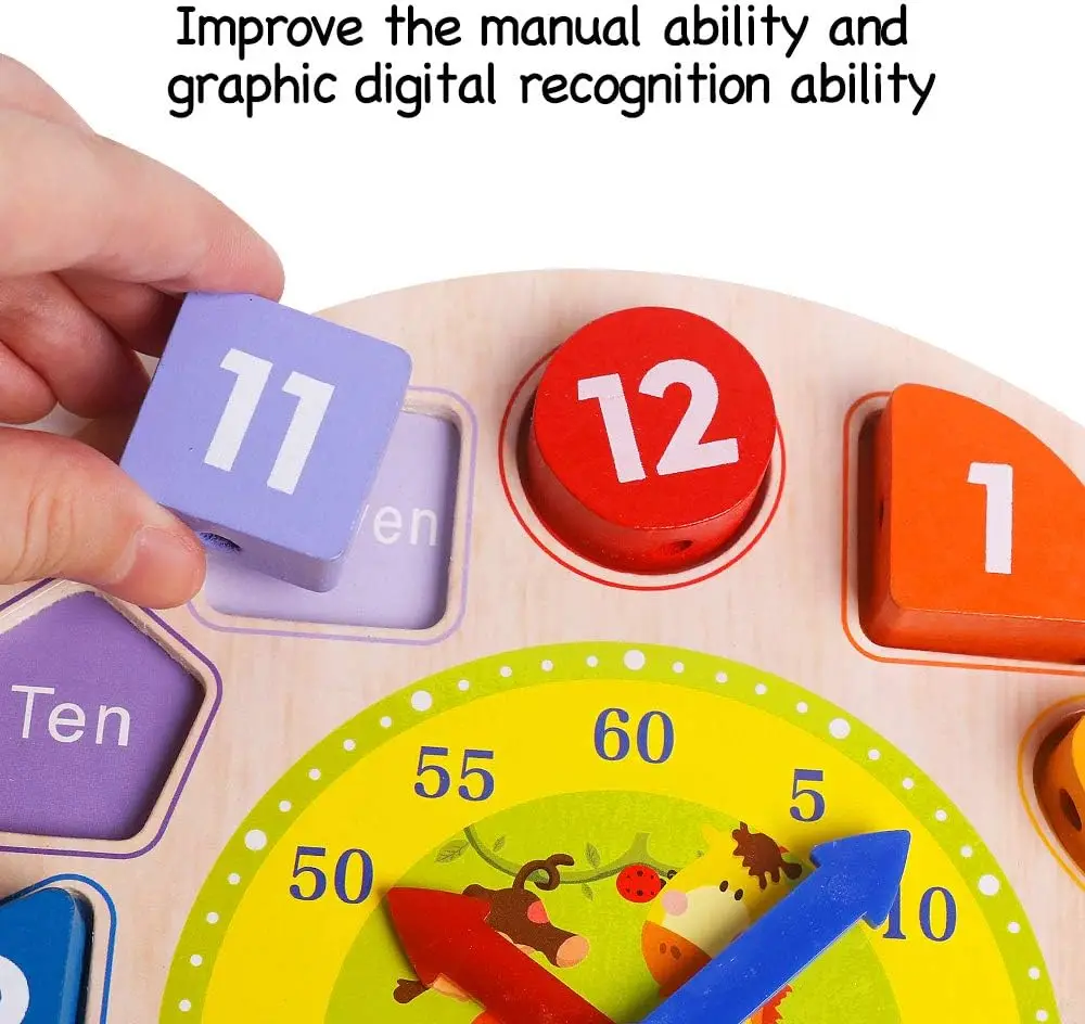 Educational Toys Wooden Clock Toys Time Clock Toy for Kids Wooden Time Learning Shape Sorting Color Game Montessori Early Education Math Set Baby Jigsaw Play Tool