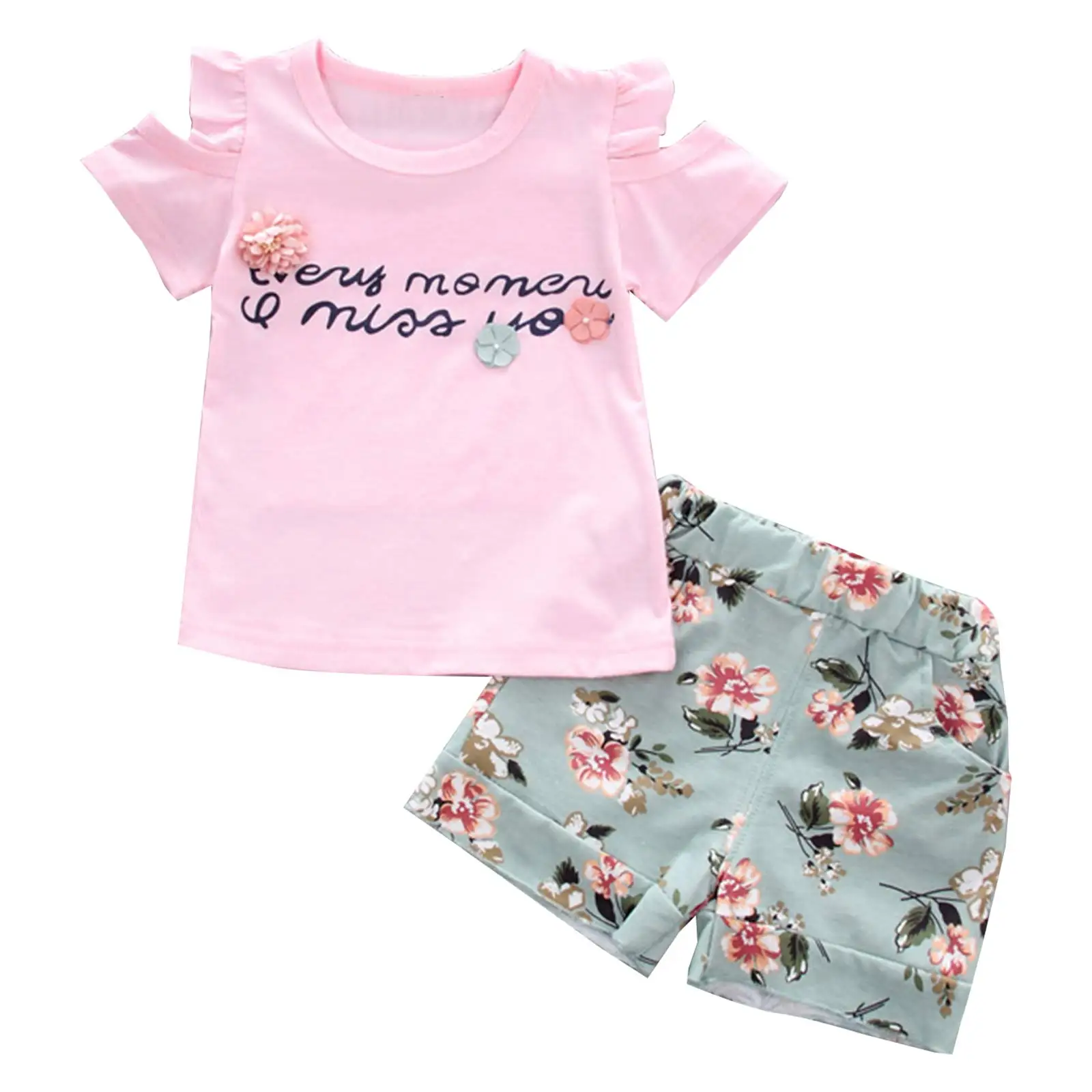 

Baby Girls Summer Casual Outfits Short Sleeve Off-shoulder Letter Print Top with Shorts School Preppy Style Clothing Daily Wear