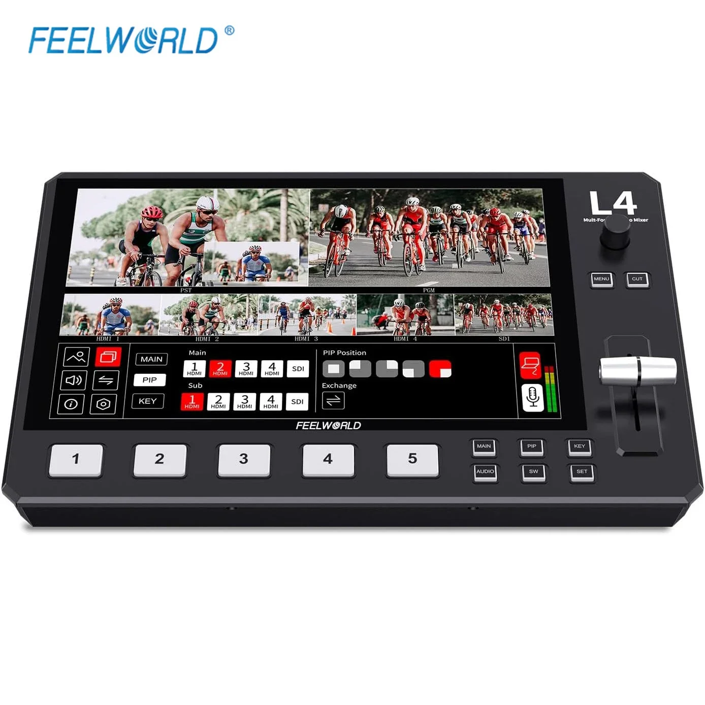 

FEELWORLD L4 Multi-Camera Video Mixer Switcher with 10.1 Inch HDMI Multi-camera HD Video Streaming SDI Broadcast Station