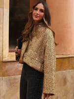 ZBZA Women's Sequined Bomber Jacket Fall New Round Neck Long Sleeve Pocket Stretch Hem Sequins Jacket Coat Female Chic Outerwear 2