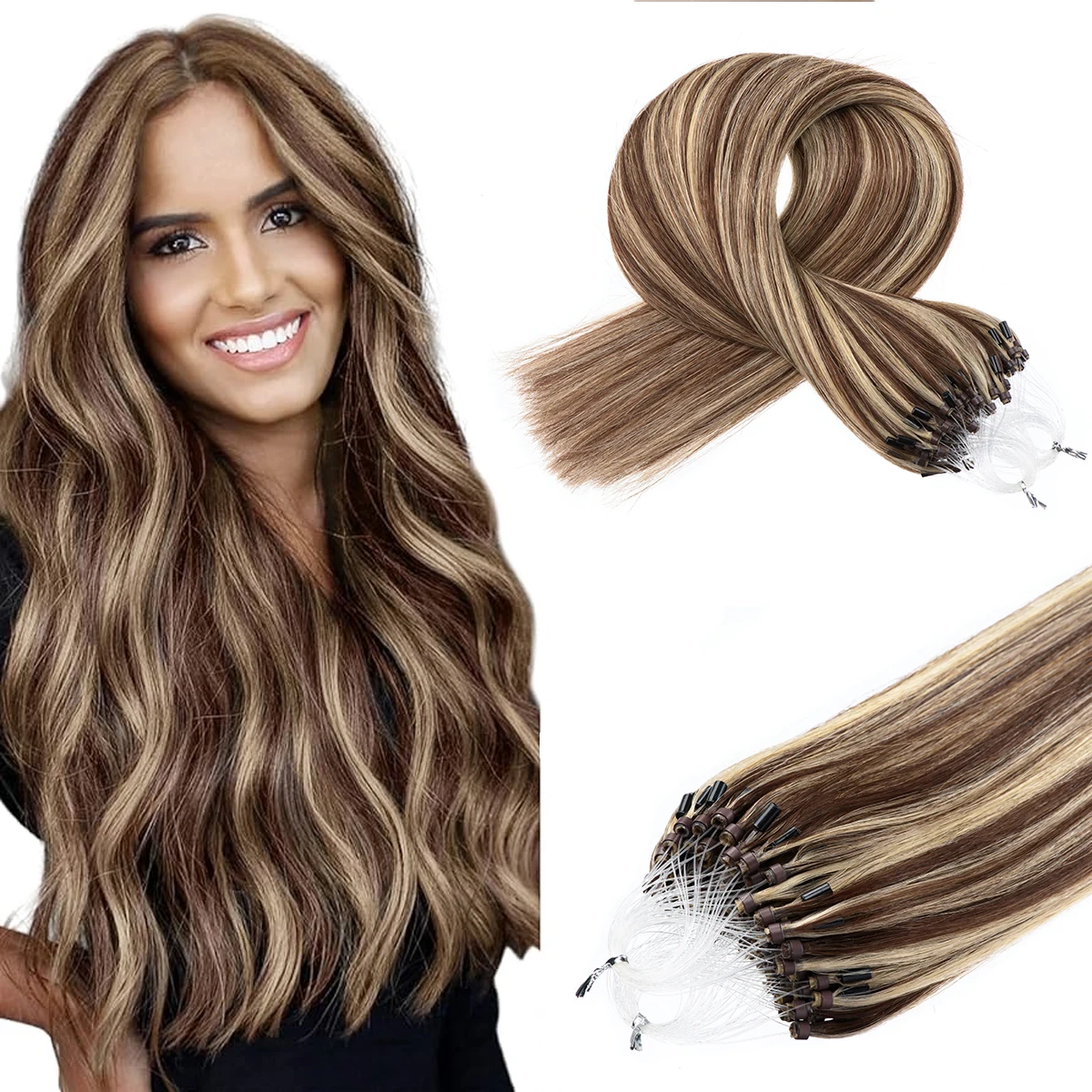 Remy Micro Loop Human Hair Extensions #4/613 Micro Beads Hair Extensions Ombre Brown with Blonde Ring