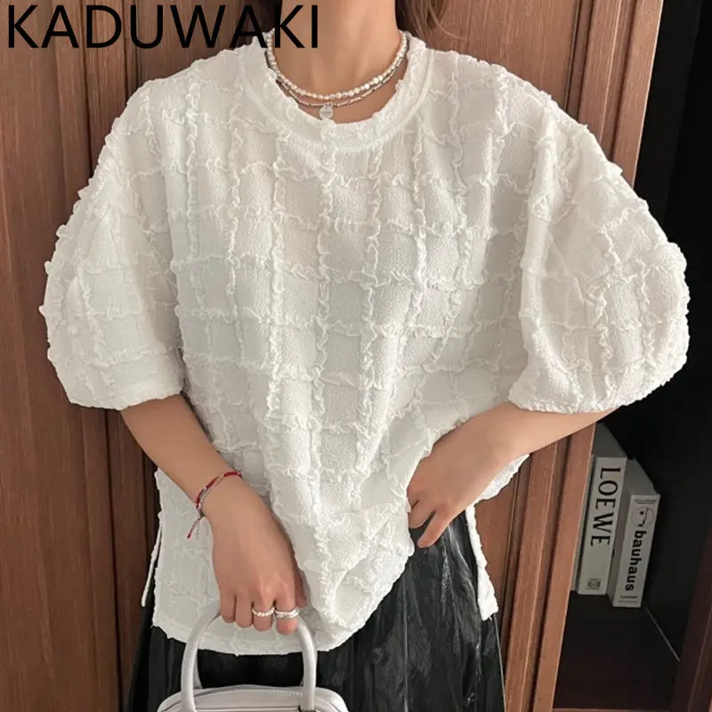 

Korean Chic loose Split T-shirt Solid Short Sleeve plaid Lace design Tops Elegant O-neck tie Bottom edge Blusas Summer Sweet