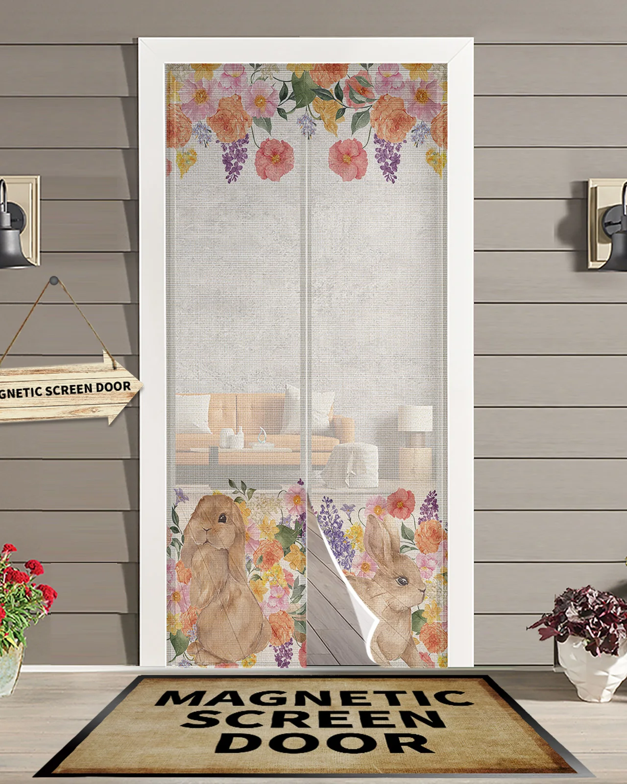 

Easter Rabbit Spring Wild Flowers Kitchen Curtain Magnetic Mosquito Net Curtains Summer Bedroom Anti Insect Door Curtain