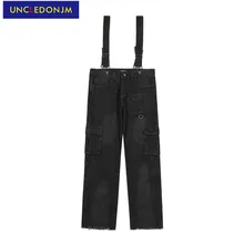 

UNCLEDONJM multi-pocket denim overalls men hip hop fashion loose streetwear trendy jumpsuit boyfriend jeans baggy jeans
