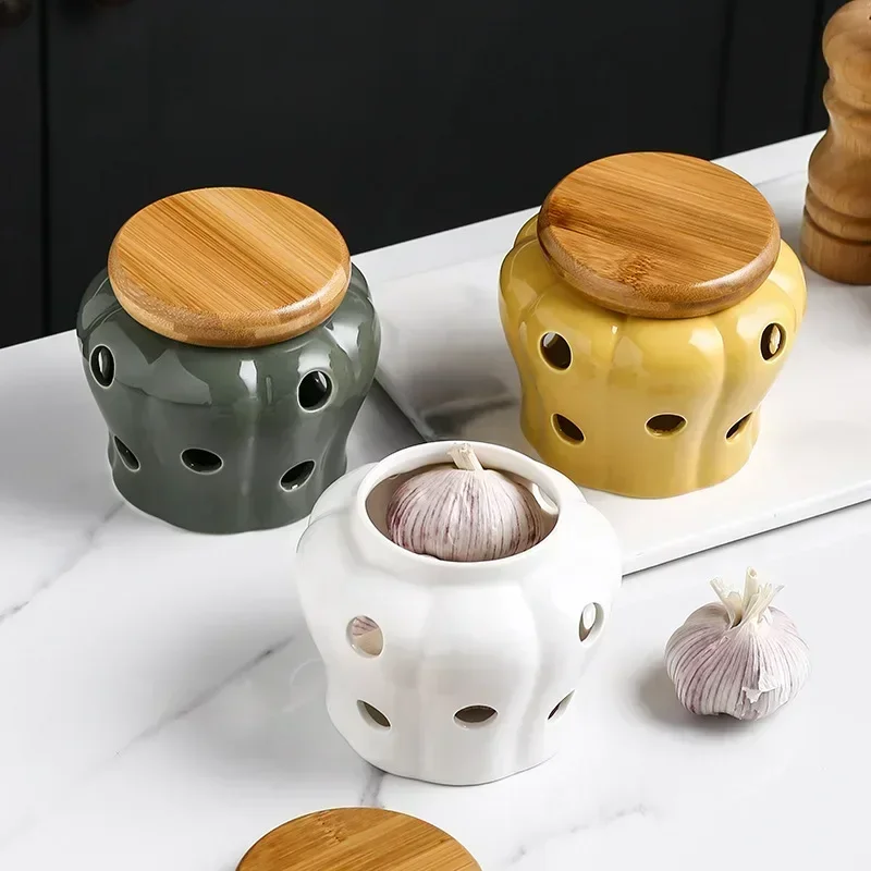Hollow Openwork Ceramic Garlic Storage Jar With Lid Pumpkin Shape Ginger Chili Pepper Candle Lampshade