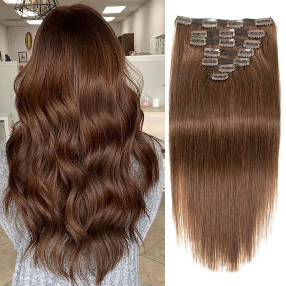 

Brown Long Straight Clip in Human Hair Extensions 100% Remy Hair 7pcs Natural Black Blonde Double Weft Clip in Hair Extensions
