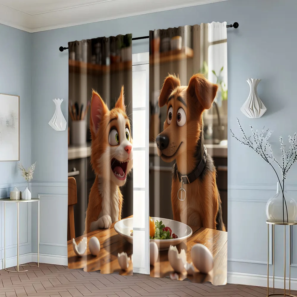 2pcs, Contemporary Curtains 2D print Surprised Dog & Cat with Eggs Machine Washable Polyester (without rod) Home Decor Use for 6