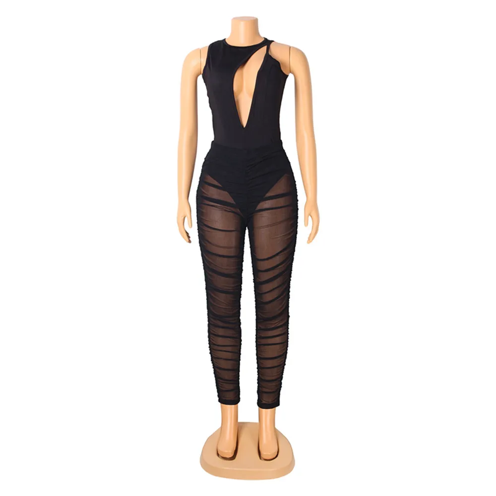 BKLD Summer One Pieces Outfits Women Clothing Fashion Sexy Mesh Perspective Pleated Sleeveless Hollow Out Irregular Jumpsuit