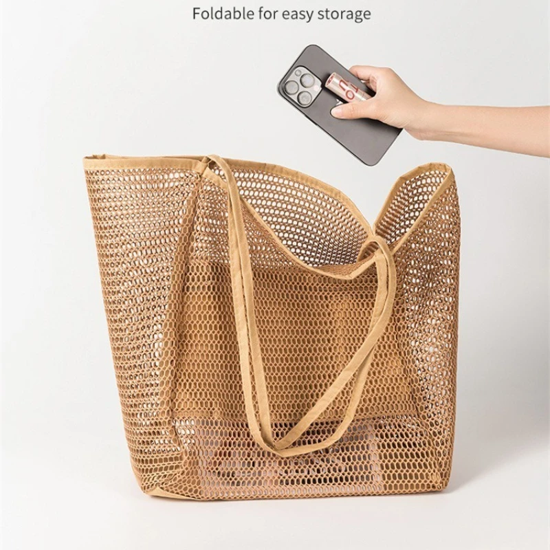 Large Mesh Beach Bag Foldable Travel Tote with Zipper Lightweight Shoulder Beach Bag for Swimming Vacation Summer Outdoor