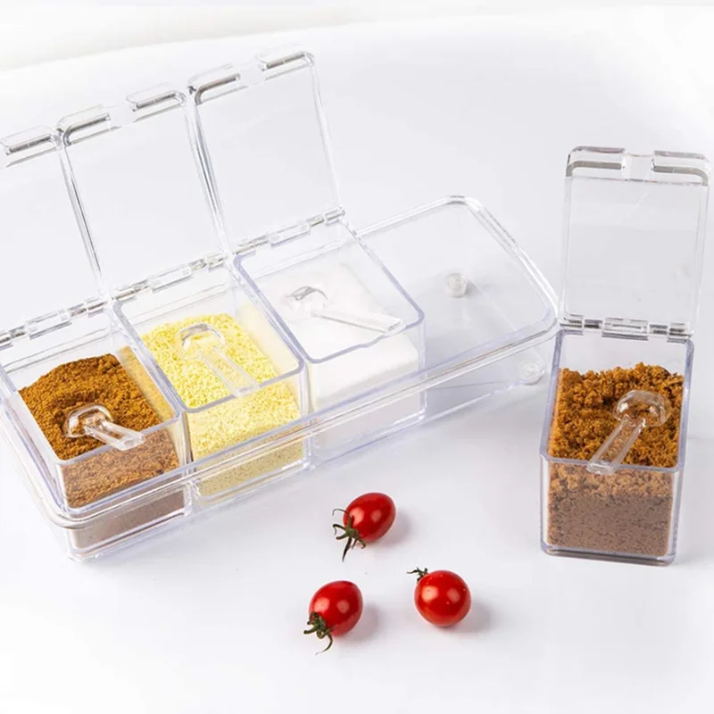Four Clear Compartment Seasoning Box,Crystal Storage Container With Spoon,Lid,And Storage Base, Used For Salt, Sugar, And Pepper
