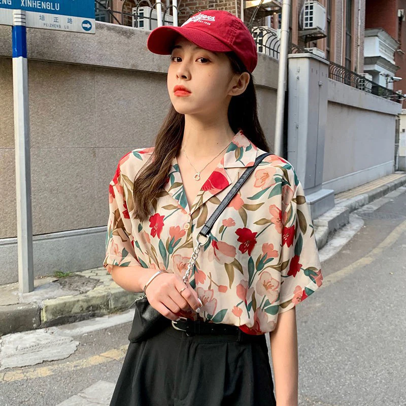 

Женская винтажная блузка с цветочным принтом, Повседневная Свободная рубашка с коротким рукавом и отложным воротником в Корейском стиле на лето