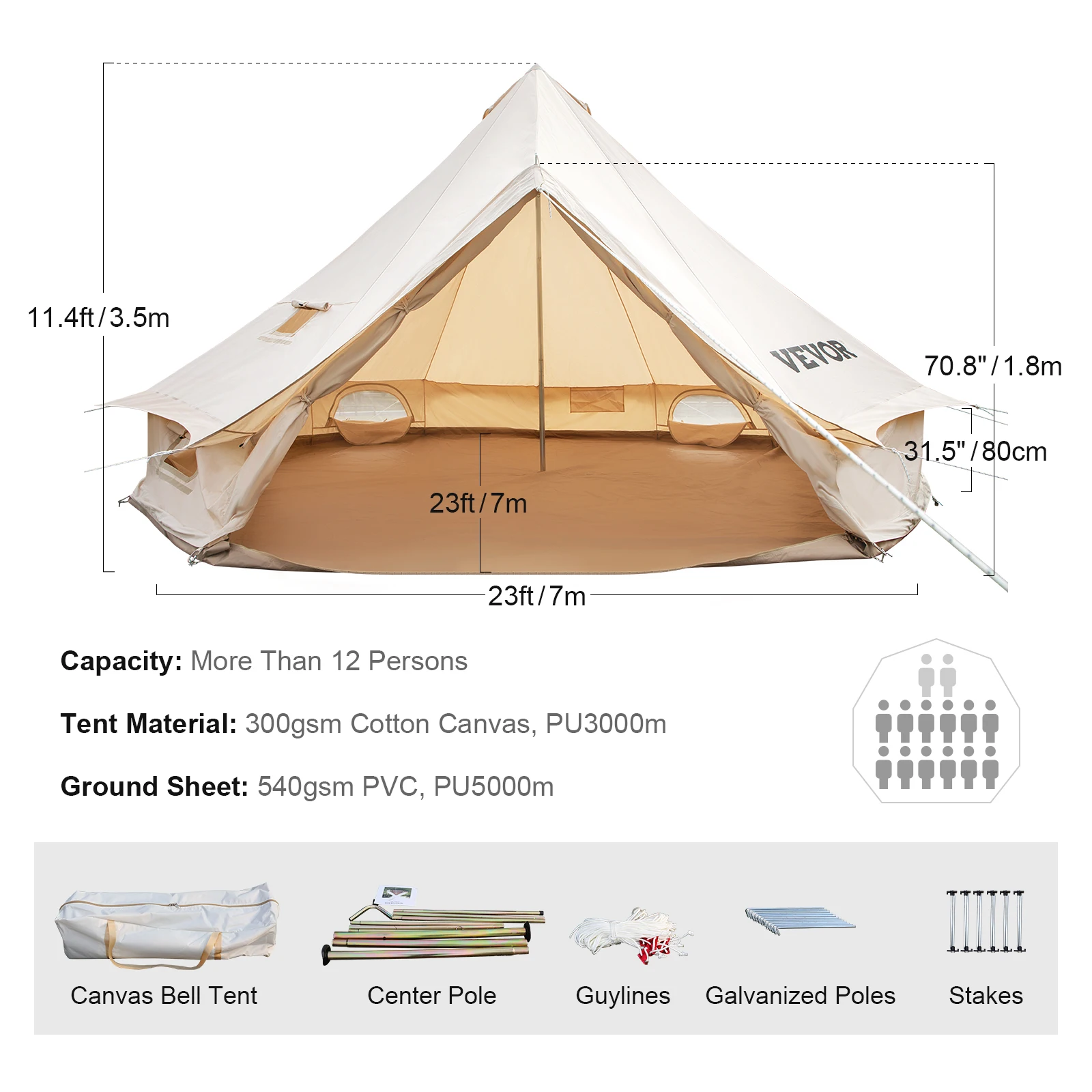 VEVOR 4-12 Person Camping Tent 3-7m Waterproof Cotton Canvas Bell Tent  Outdoor 4 Seasons Family Party Picnic Yurt W/ Stove Hole - AliExpress