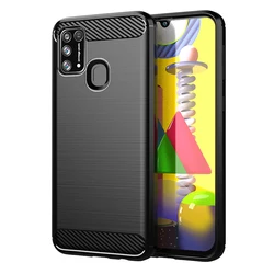 Shockproof Brushed Carbon Fiber Silicone Case - Durable Protective Back Cover for Samsung M21S (Black)