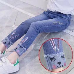 Fashion Girls Cartoon Rabbit Embroidered Jeans Kids Pants Korean Girls Slim-Fit Denim Trousers 3-12 Year Old Children’s Clothing