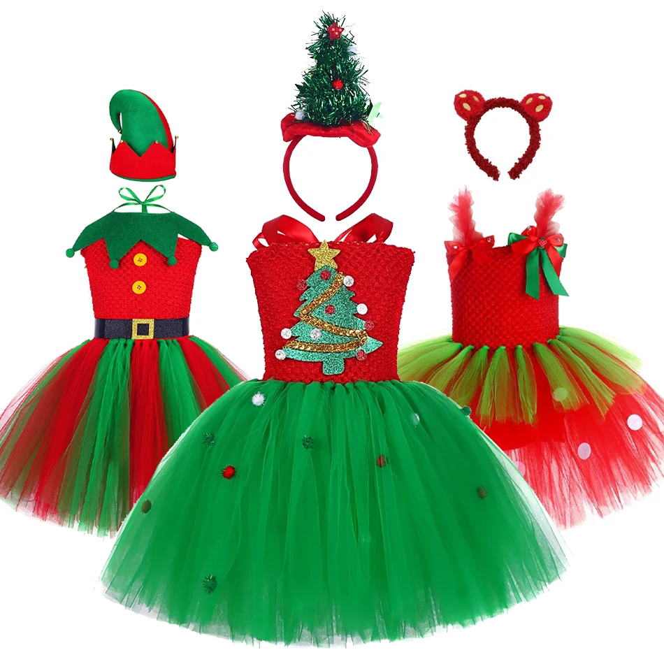 

Red Green Snowflakes Christmas Costumes for Girls Xmas Carnival Fancy Tutu Dress with Bow Kids New Year Outfits Festival Clothes
