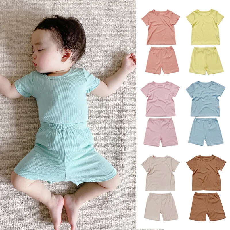 

Jenny&Dave Baby short sleeved set, summer modal air-conditioned suit, high waisted belly protection, ice silk pajamas, men's and