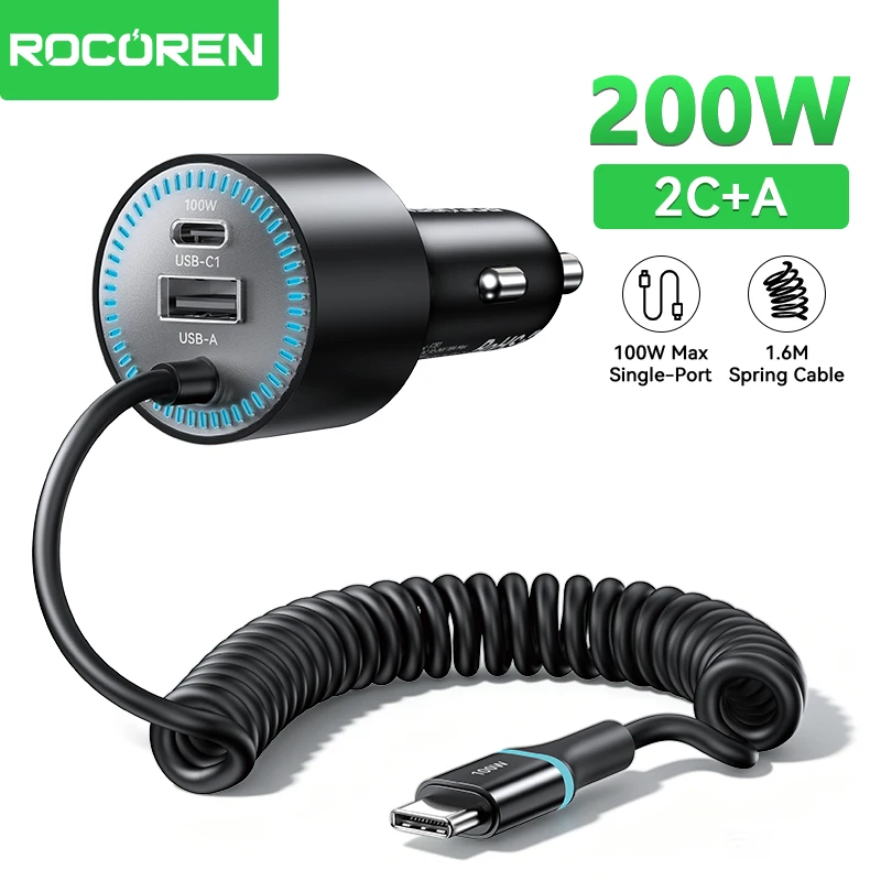 Rocoren 200W Autoladegerät, schnelles Laden, PD100W USB Typ C Autoladegerät mit Federladekabel für iPhone, MacBook, Huawei Laptops