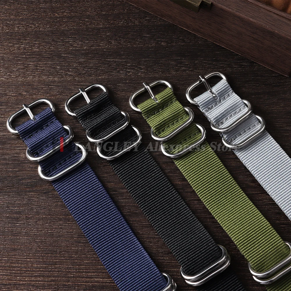 Ribbed Nylon Military-Style Watch Band with Ring Buckle - Army Green