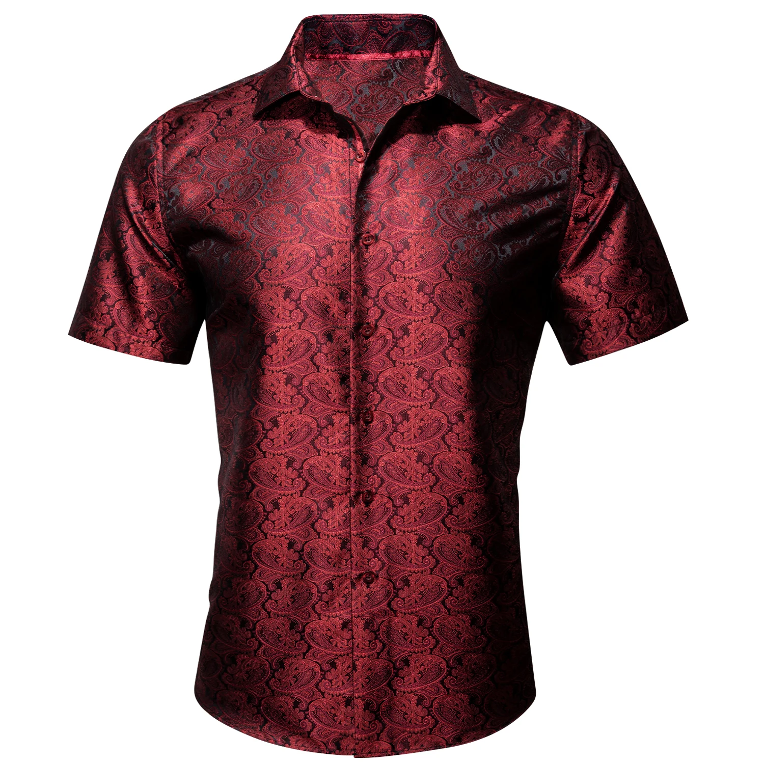 

Barry.Wang Luxury Red Paisley Mens Summer Fashion Silk Casual Shirt Stylish Lapel Pattern Short Sleeve Shirt Male Blouse Fit