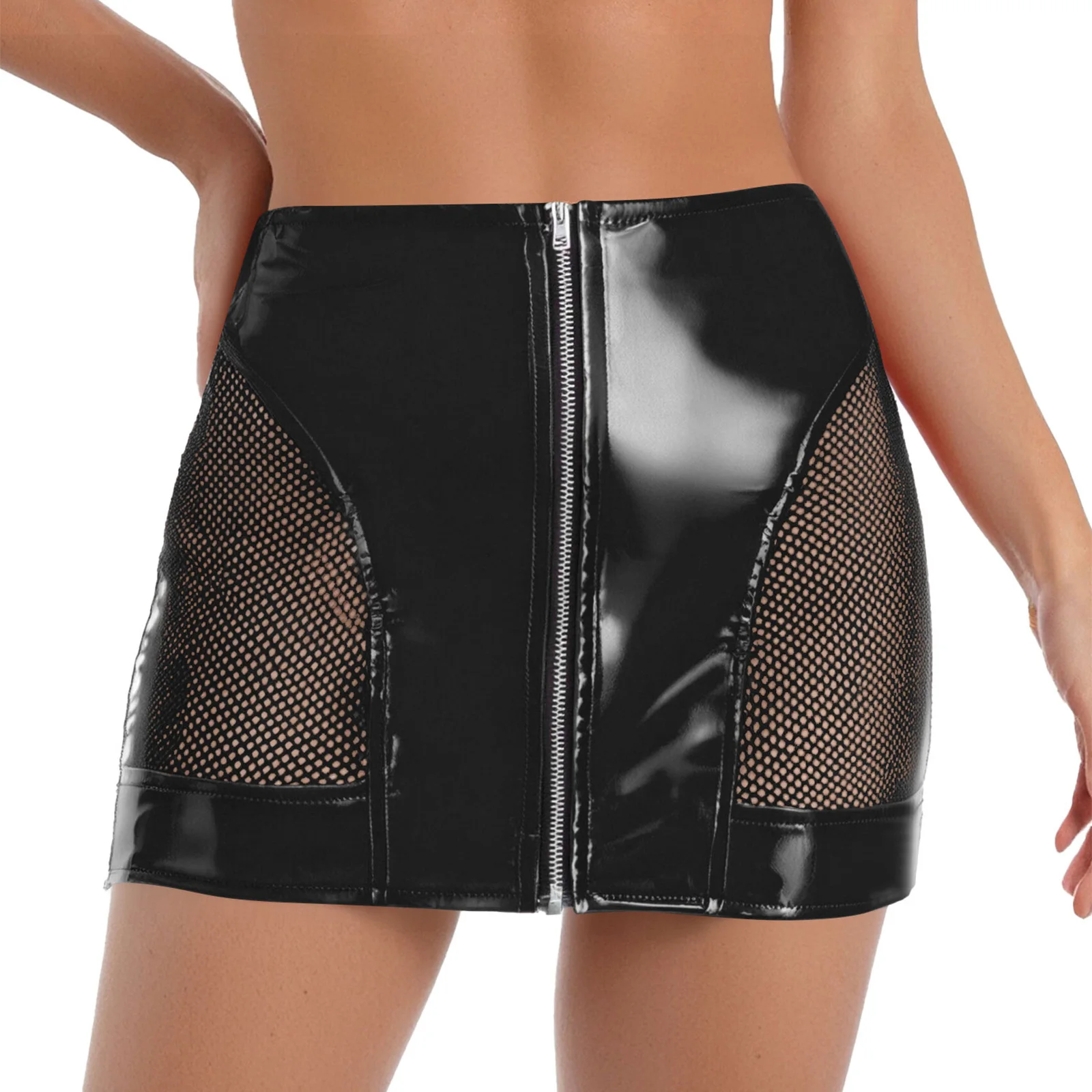 Womens Glossy PU Leather Latex Miniskirt Side Sheer Mesh Front Zipper High Waist Wet Look Bodycon Skirt Rave Party Clubwear