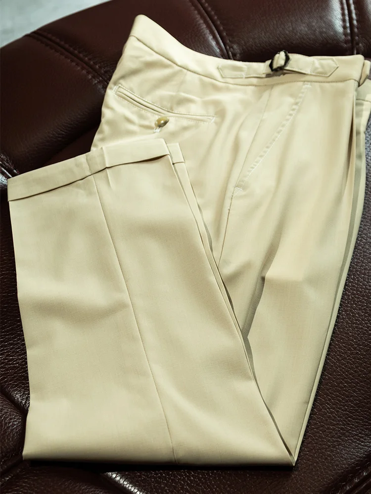 Machine washable worsted wool drape and wrinkle resistant casual pants for men,Paris buckle single pleated micro tapered version