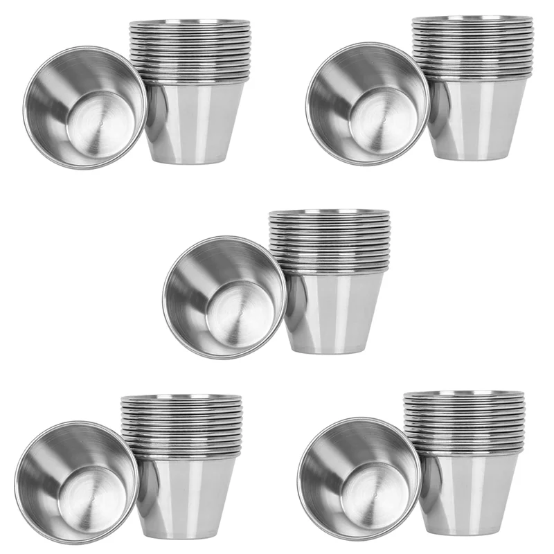 

Pack of 60 - Premium Brushed Stainless Steel Condiment Sauce Cups Spices Pots Liquid Dips Bowls - 2.5Oz 70Ml