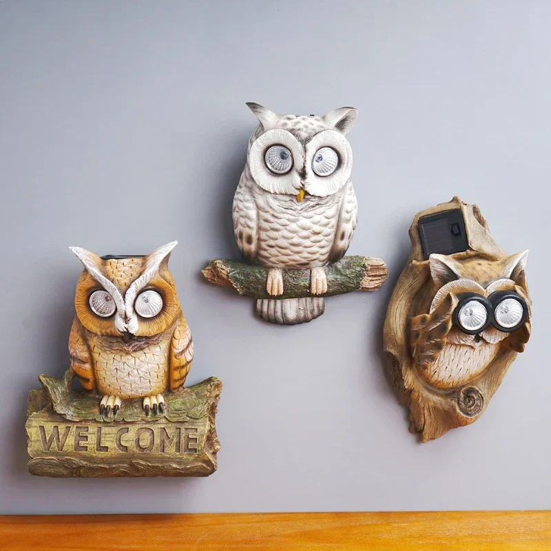 

Retro Resin Wall Hanging Welcome Owl Statues Solar Light Door Courtyard Decoration Figurines Garden Night Light