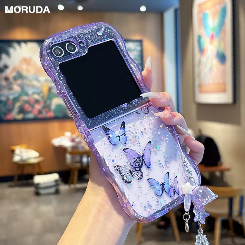 Glitter Bling Epoxy Pendant Shockproof Case with Cartoon Butterfly and Curly Border Design