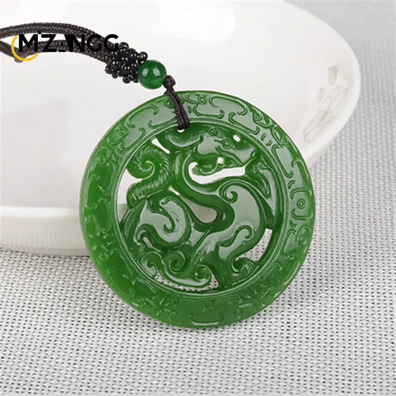 Pendentif Colonne Dragon En Jade Vert Naturel - Sculpture Chinoise - Neuf Sans Emballage