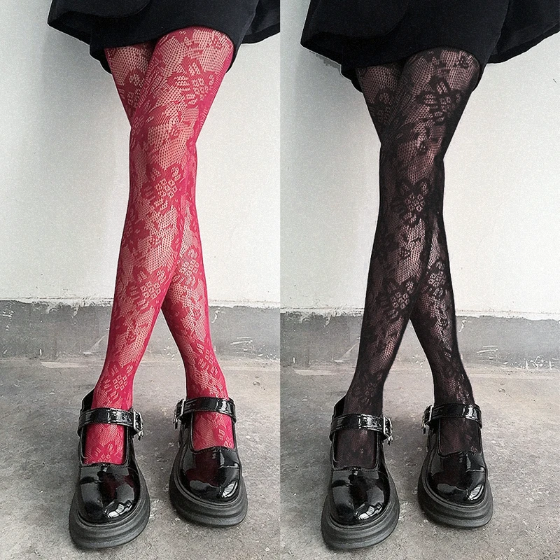 Classic Flower Lolita Kawaii Socks Lace Mesh Stocking Bottomed Pantyhose Japanese Lolita Retro Floral Rattan Red Stocking Tights