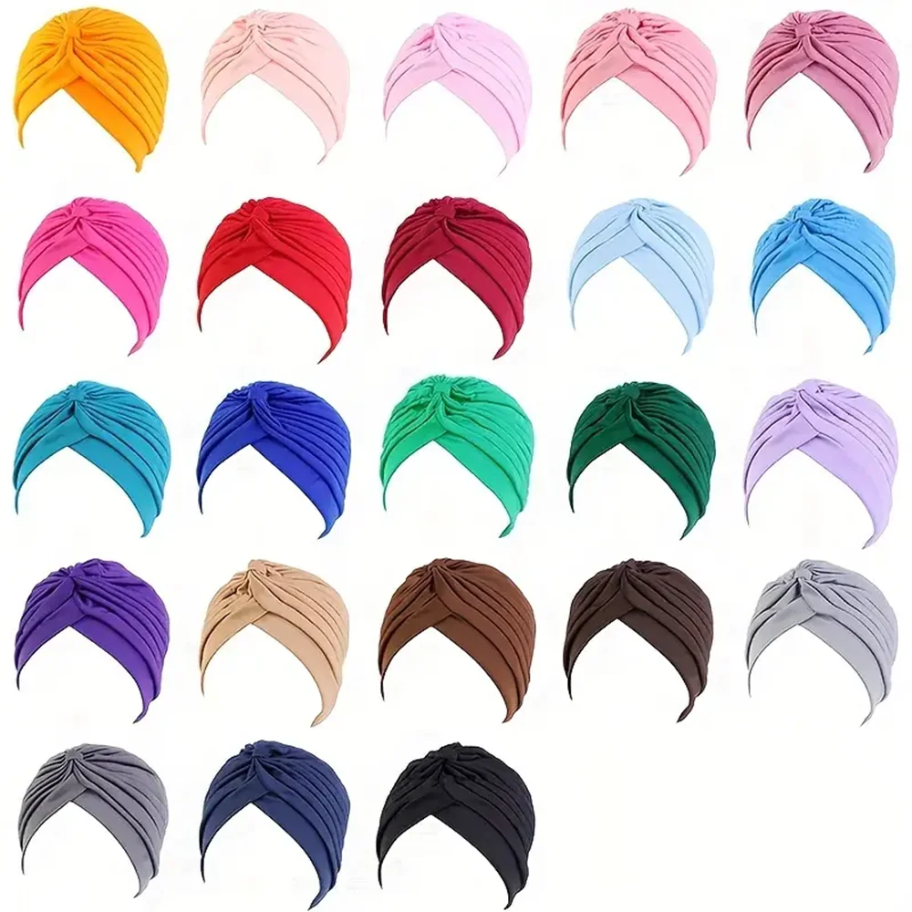 Turban Hats Solid Color Elastic Head Wraps Ramadan Beanies Chemo Cap Headscarf For Women 2