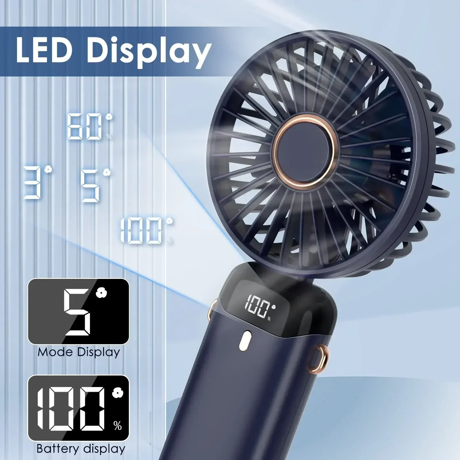 Hand Fan Portable Fan Cell Phone Fan 5000mAh Handheld Mini Fan Wireless USB Rechargeable Portable Digital Display Phone Holder Fan 5 Speed Foldable Neck Hanging Fans