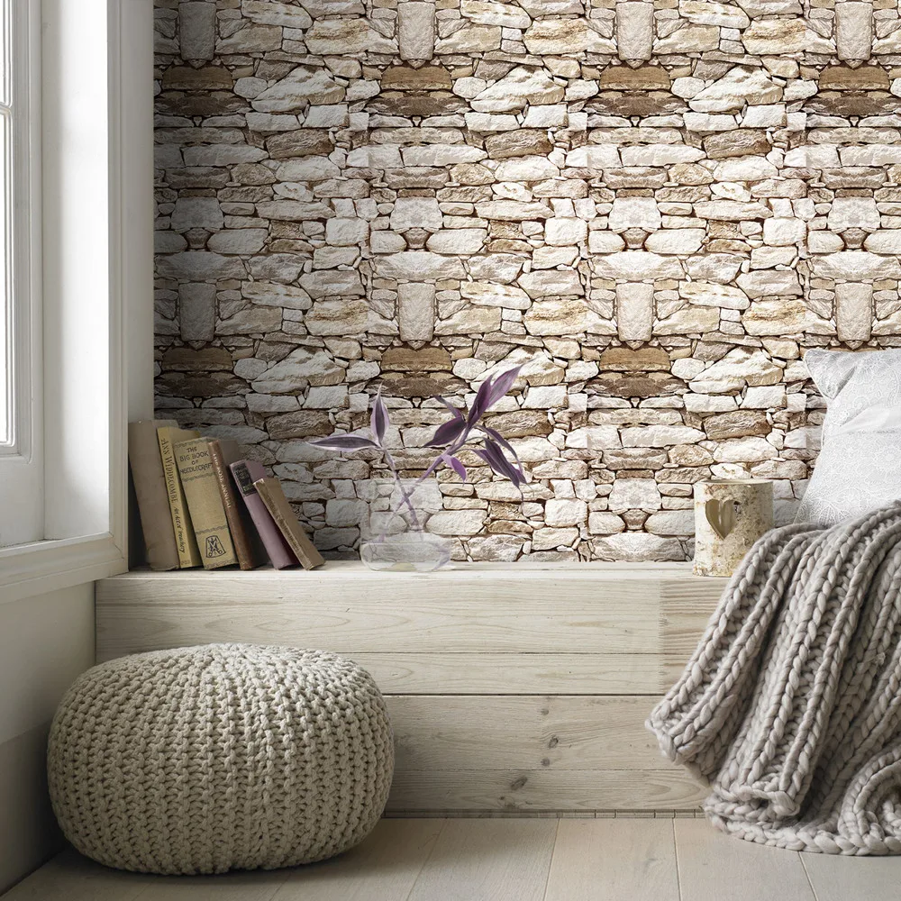 Waterproof 3D Effect Wallpaper Roll Realistic Faux Stone, 42 OFF