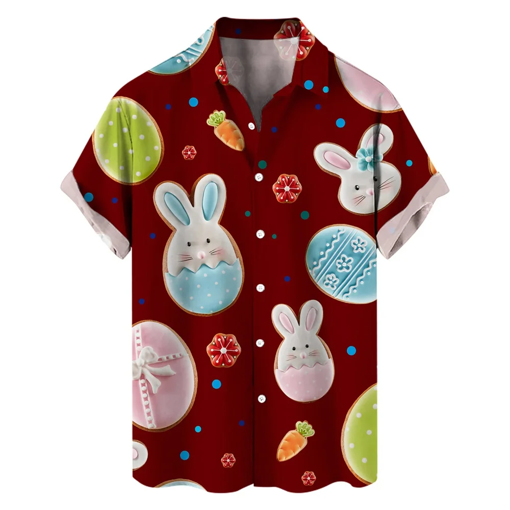 Camisas hawaianas con estampado 3D de huevos de conejo para hombre y mujer, camisa de playa con dibujos animados del día de Pascua 2024, ropa para mujer, camisa kawaii para niños, top con botones