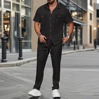 The new 2025 summer Europe and the United States men's casual solid color cardigan double pocket shirt short sleeve pants suit