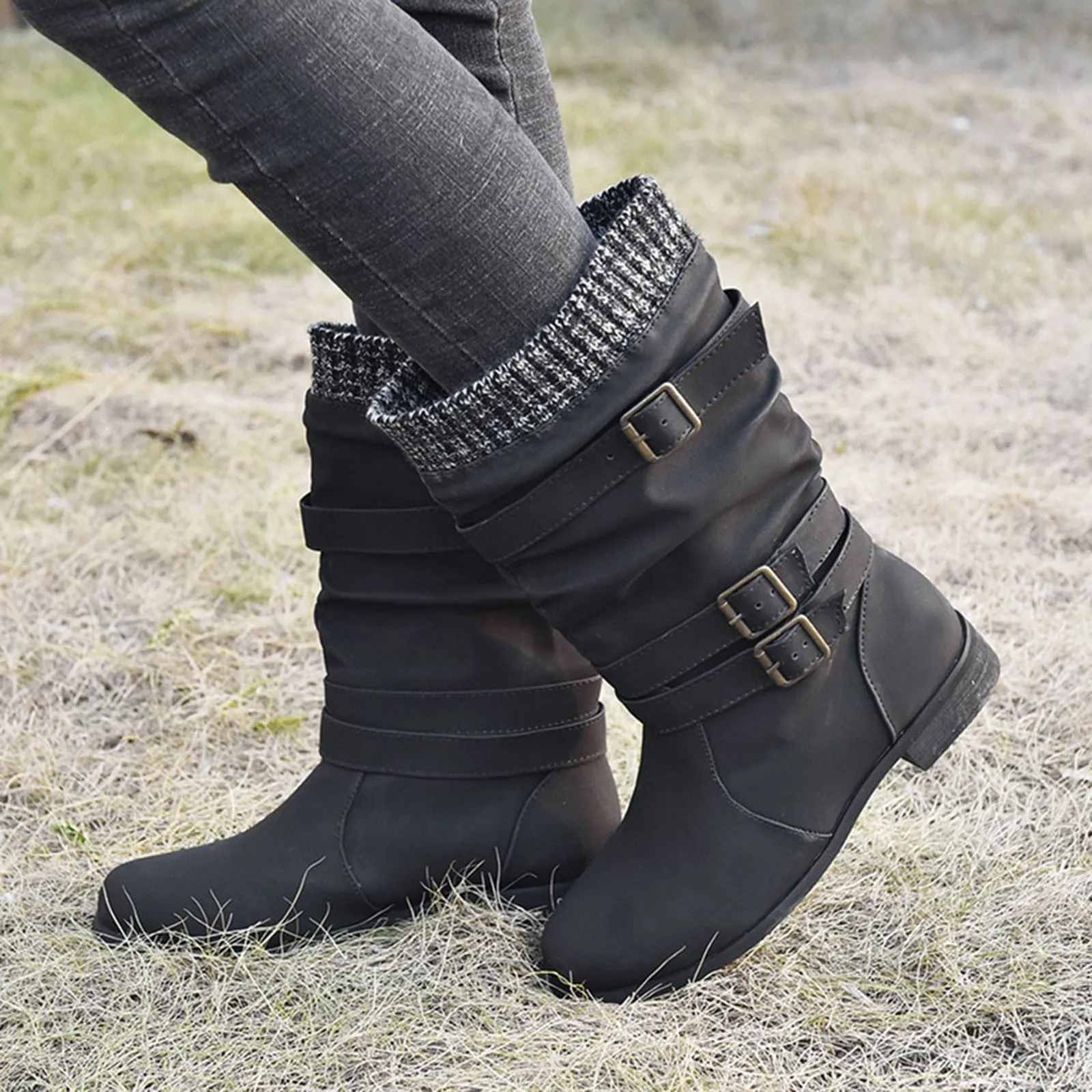 Womens Galoshes Mid Calf Womens Leather Round Toe Low Heeled Strap Western Middle Tube Knee High Rain Boots For Women Wide Calf - Image 2