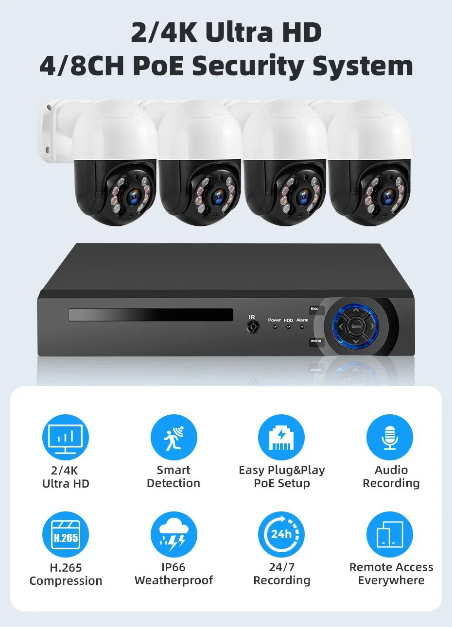 4MP 8MP CMOS 네트워크 IP 카메라 키트, 양방향 오디오, 야간 투시, 방수, 실외 보안, HDD, POE NVR 시스템 포함