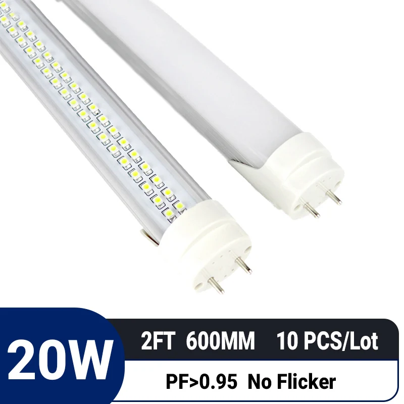 10 ชิ้น/ล็อต 2ft 600 มม.20 W T8 หลอด LED | อินเทอร์เฟซ G13 | สูง PF 0.95 | ไม่มีการสั่นไหว | ไม่สามารถหรี่แสงได้ | ประหยัดพลังงาน | แทนที่ฟลูออเรสเซนต์ 1