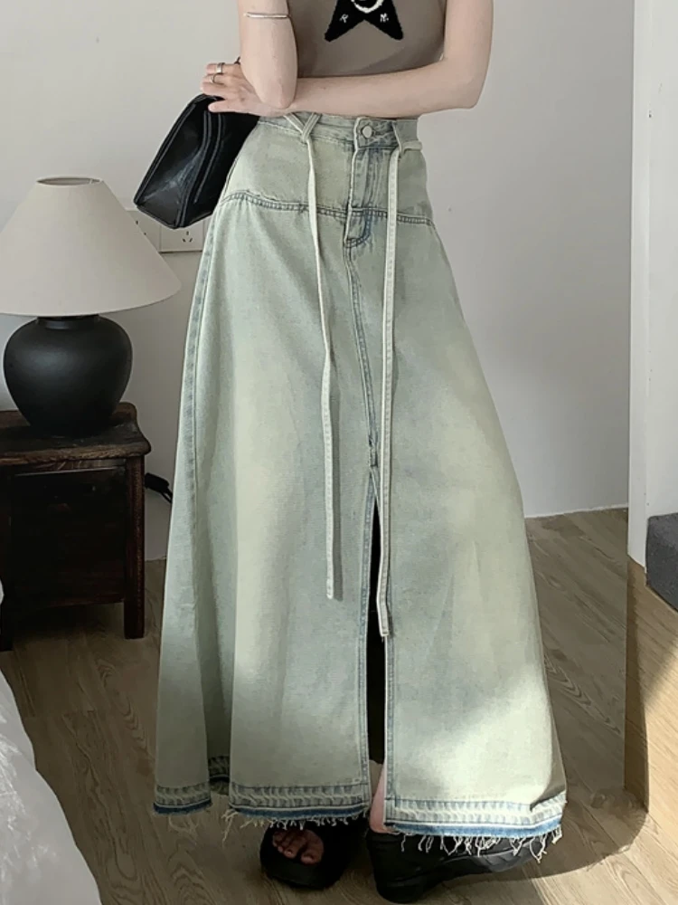 Qiukichonson Front Jag Denim Womens Long Skirts Vintage England Style High Waist Lace Up Ladies  A-Line Tassel Jeans Skirt Loose autumn winter fashion straight wide leg ladies white y2k high waist jeans luxury designer jeans womens well known brands cotton