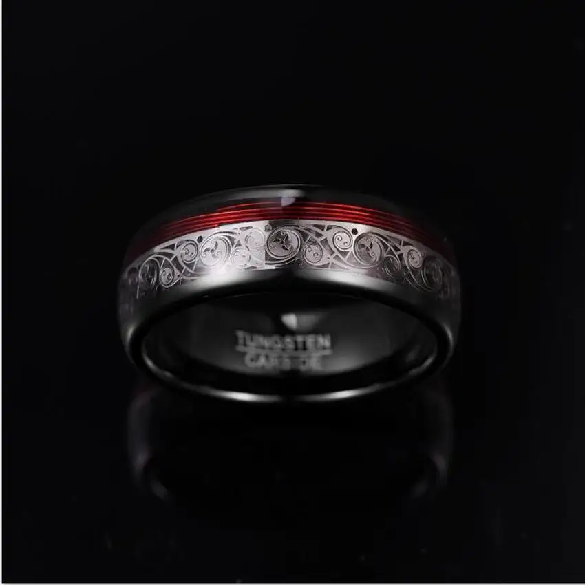 JQUEEN 8mm Tungsten Steel Ring Plating Black Inlay Triple Spiral Pattern+Red Guitar String Tungsten Carbide Ring