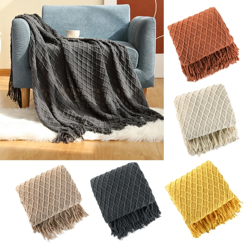 

Nordic Summer Air Condition Blanket Knitted Plaid Blanket Soild Color Sofa Throw Blanket with Tassels Travel Nap Blanket