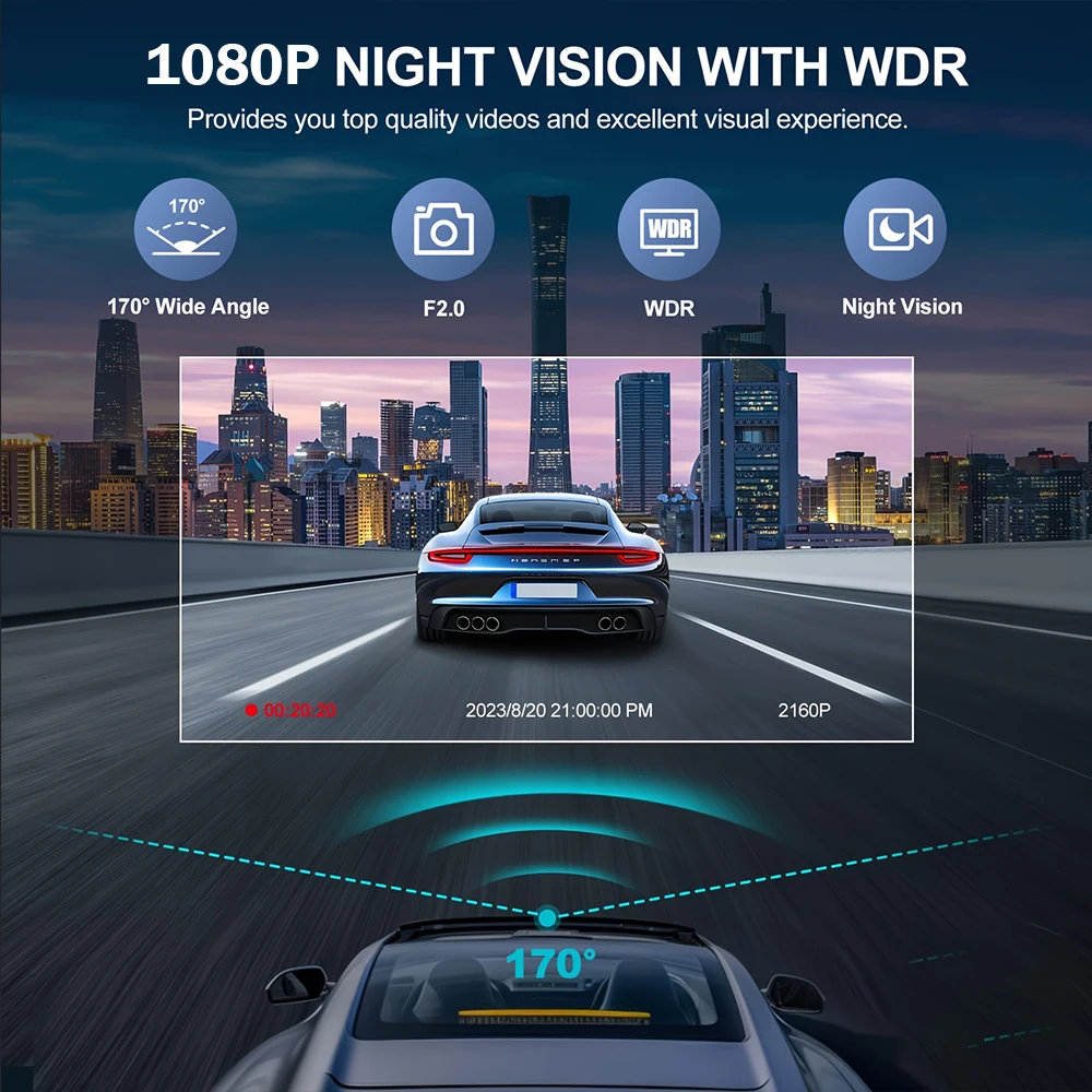 Black 1080P WIFI Dash Cam for Cars with Rear View Camera