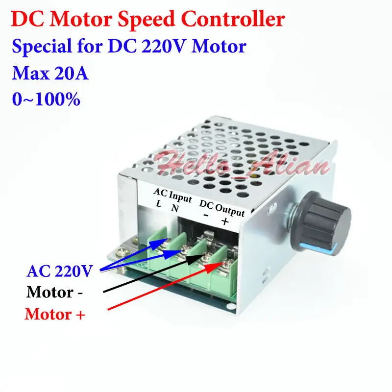 AC 220V 20A PWM DC 브러시 모터 속도 컨트롤러 입력 노브 레귤레이터 스위치 220V DC 모터용 전위차계.