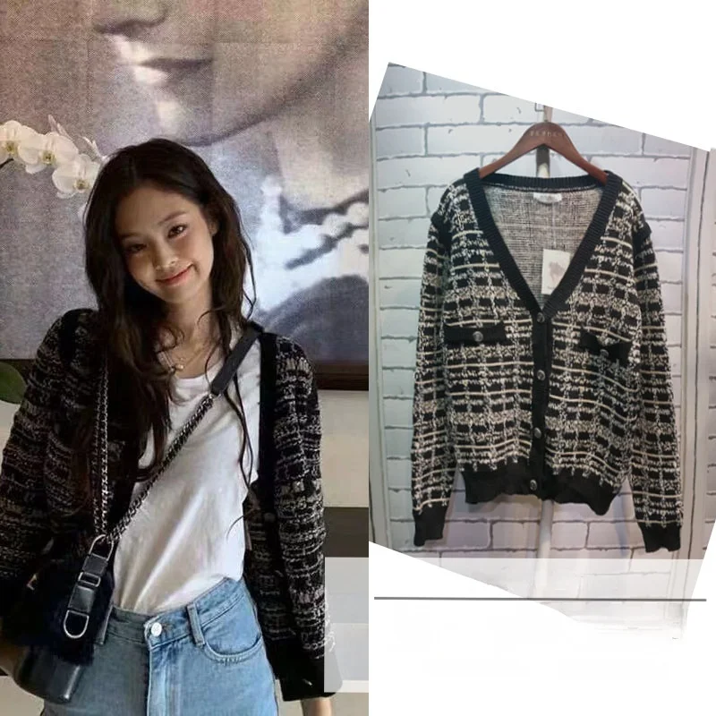 Jennie Kim Ji-ni 여성 니트 가디건 봄 2021 새로운 루즈핏 트위드 스타일 짧은 재킷 여성 니트웨어