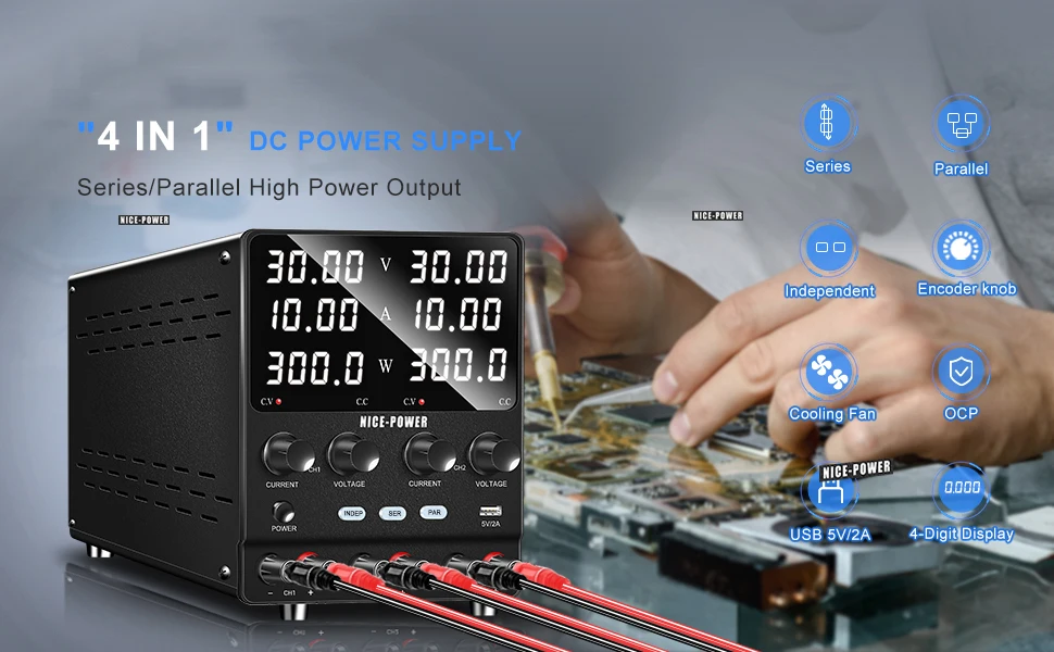 NICE-POWER SPS3010-2KD Einstellbares DC-Netzgerät 30V 10A 300W, Zweikanal Labor-Netzgerät, Tisch-Netzteil mit Reihen- und Parallelschaltung, 60V 10A/30V 20A USB-Ausgang – Detail 7